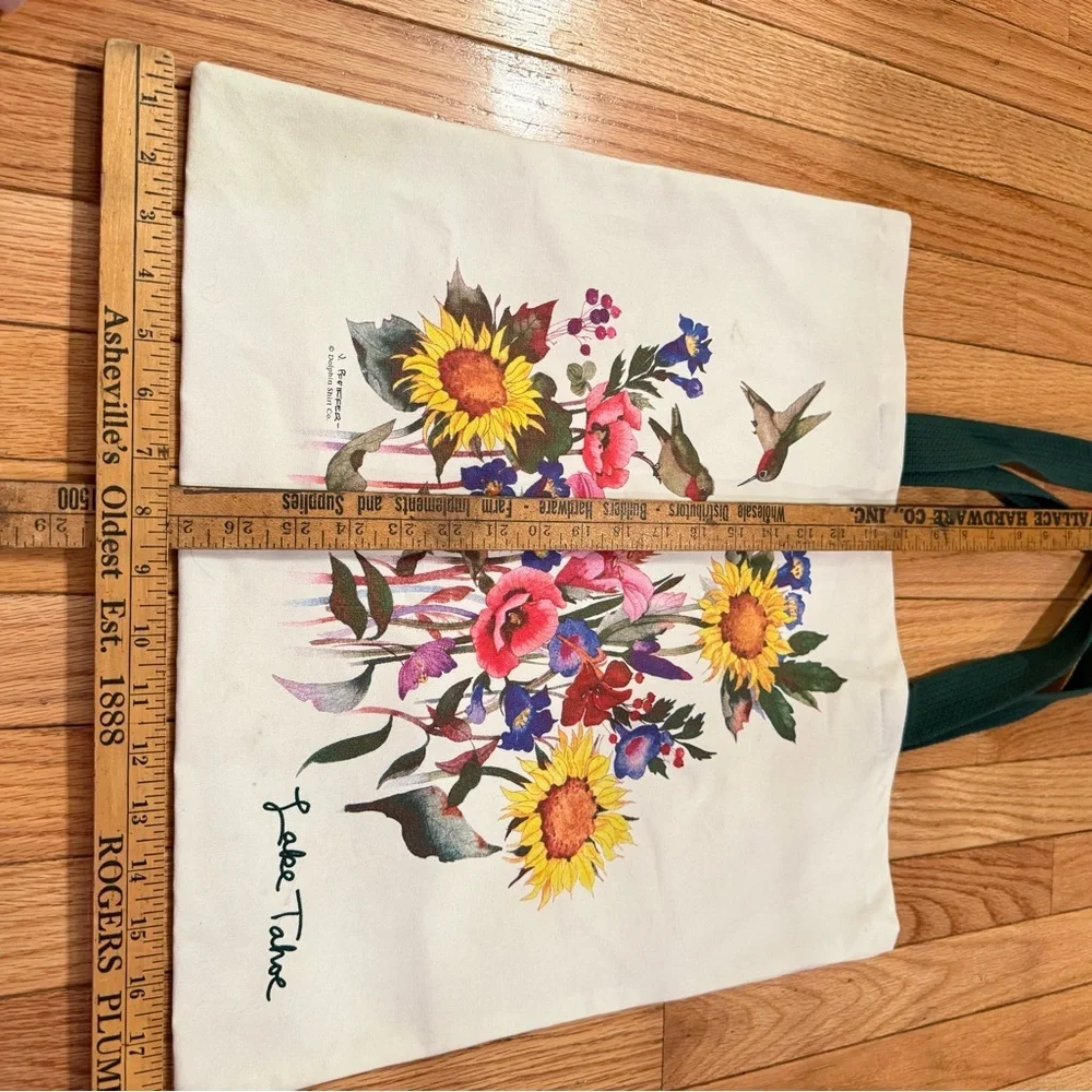 Lake Tahoe Floral Hummingbird Tote Bag with Green Handles clean inside